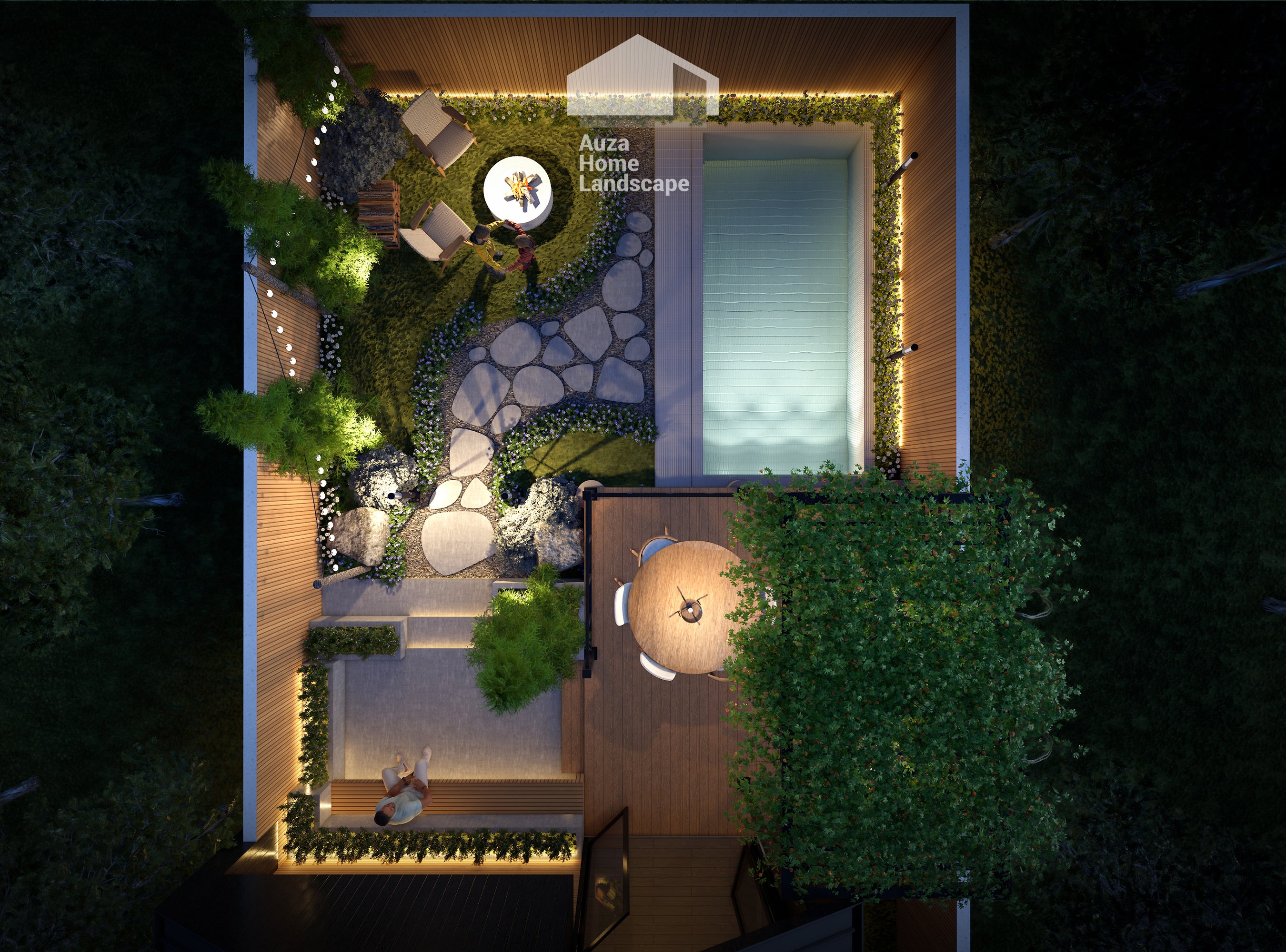 Digital Cabin+Landscape Plan | Modern Luxury Backyard Design with Pool & Fire Pit