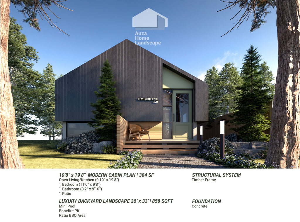 Digital Cabin+Landscape Plan | Modern Luxury Backyard Design with Pool & Fire Pit