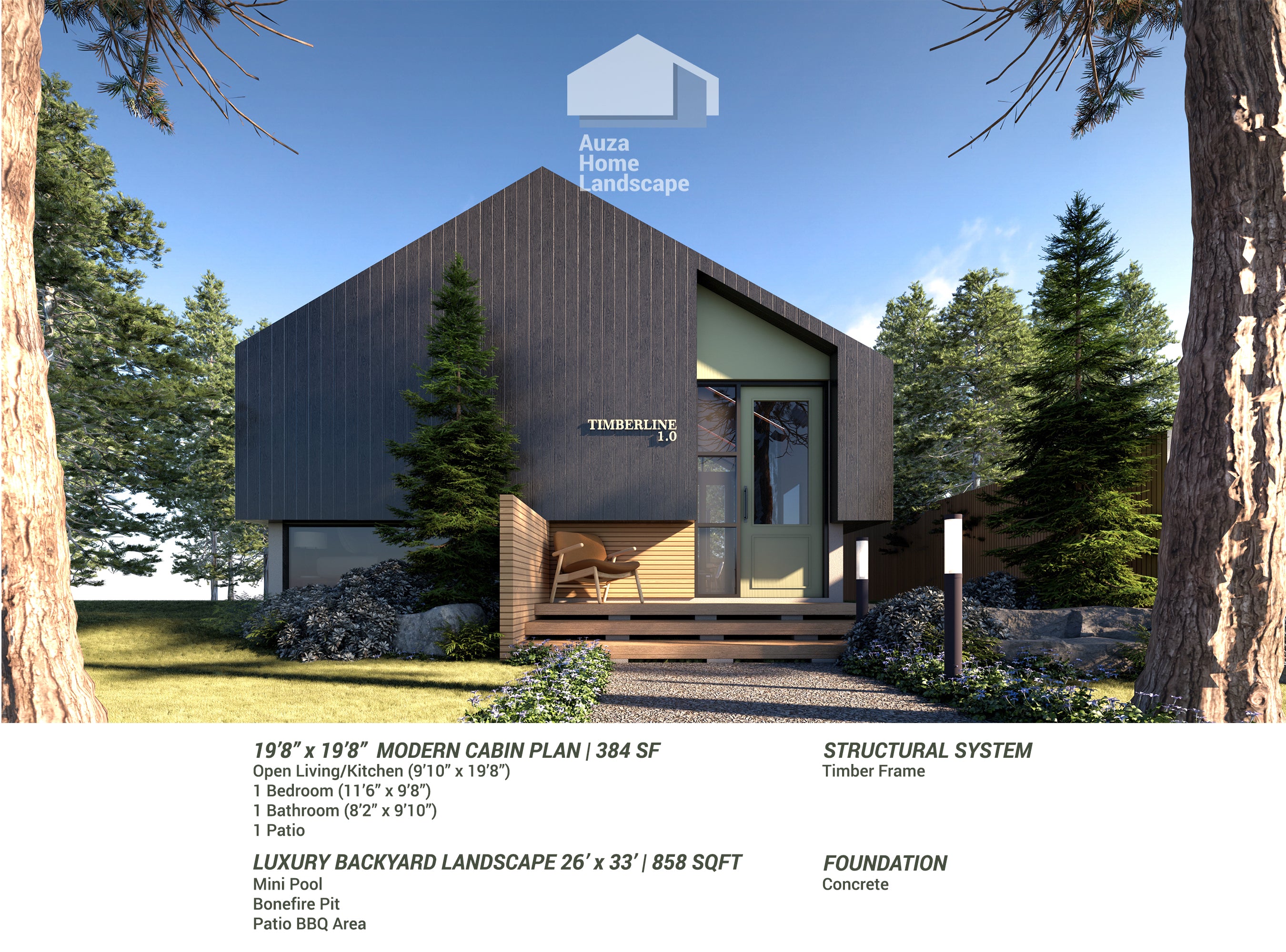 Digital Cabin+Landscape Plan | Modern Luxury Backyard Design with Pool & Fire Pit