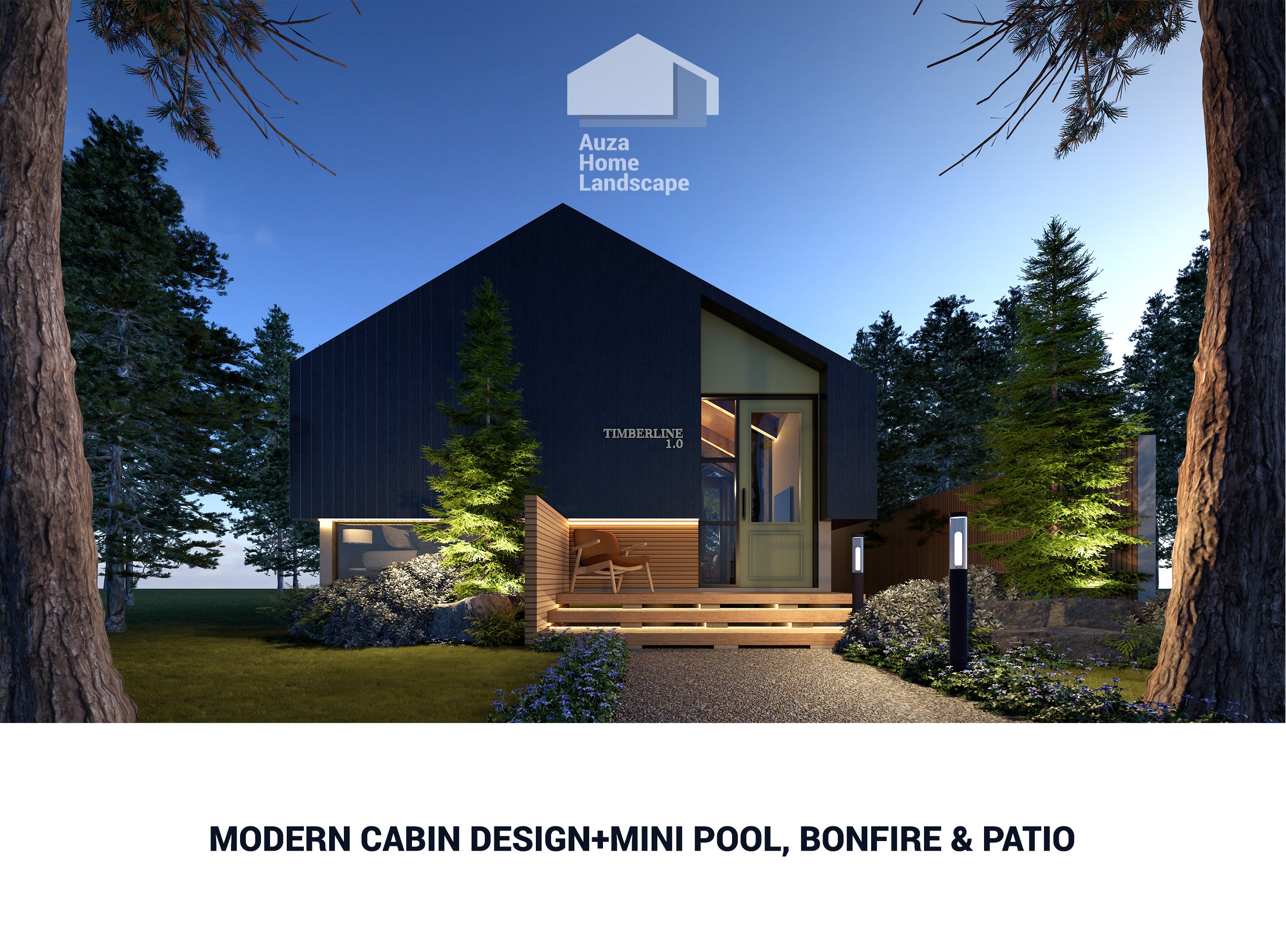 Digital Cabin+Landscape Plan | Modern Luxury Backyard Design with Pool & Fire Pit