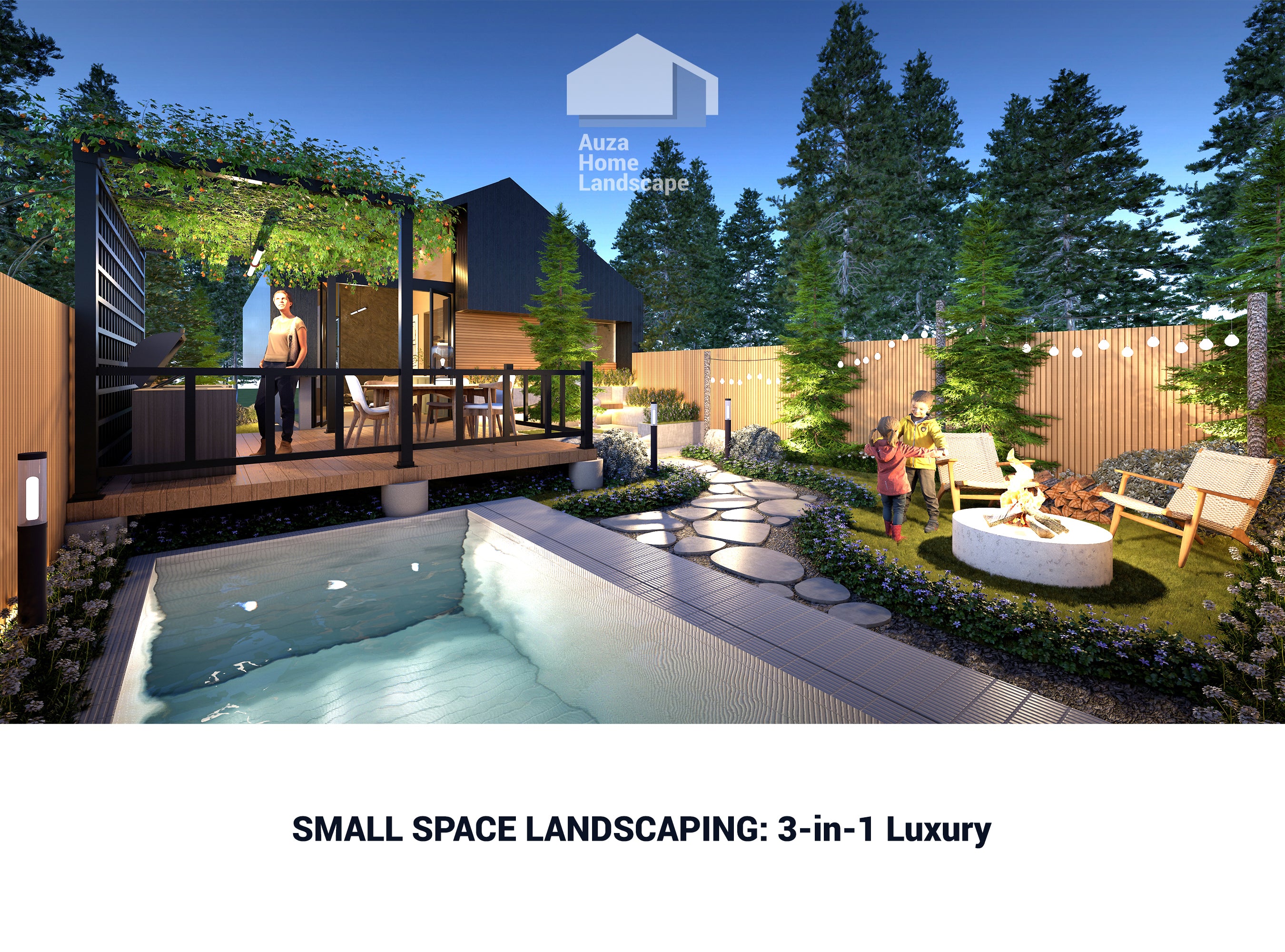 Digital Cabin+Landscape Plan | Modern Luxury Backyard Design with Pool & Fire Pit
