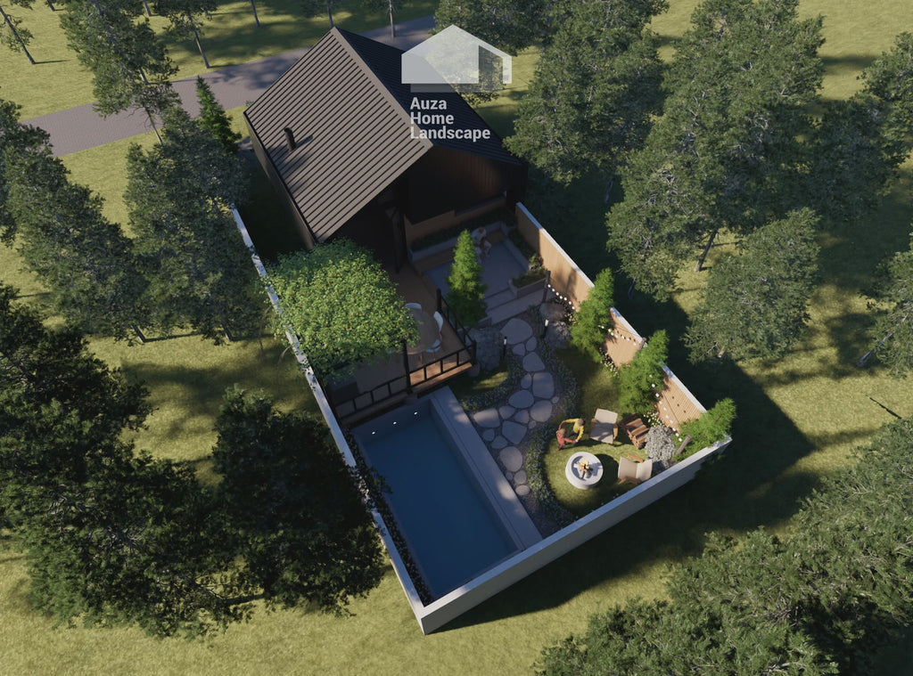 Digital Cabin+Landscape Plan | Modern Luxury Backyard Design with Pool & Fire Pit